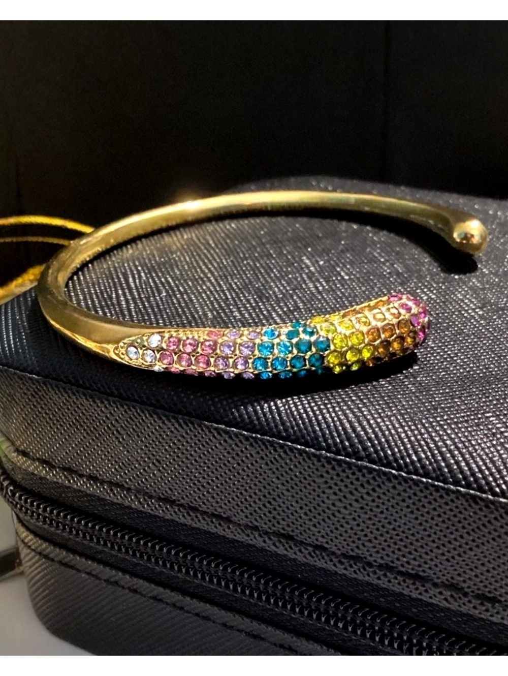 Gold Rainbow Pavé Crystal  Hypoallergenic Open Cuff Bangle Bracelet